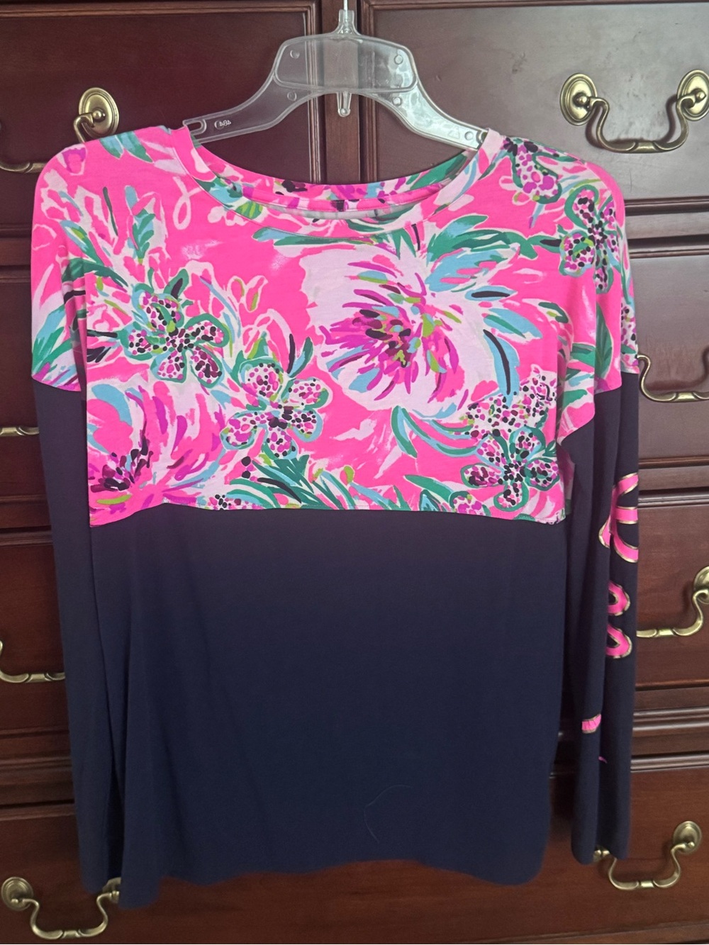 Lilly Pulitzer Pink Floral and Navy Colorblock Long-Sleeve Top-breast cancer